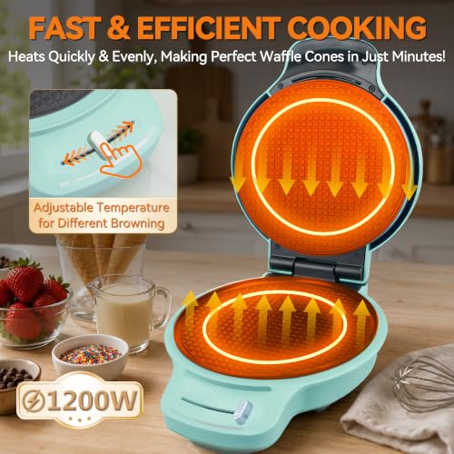 Baker's Friend Waffle Cone Maker Machine with Browning Control, 7.5” Ice Cream Cone Maker, Cone Roller & Bowl Press Included,Thin Waffle Maker Crispy, Nonstick Waffle Bowl Maker,Aqua