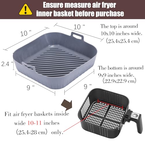 Golden Associate Silicone Liners Square for Air Fryer, 2 Pcs Non-stick Food-grade Reusable Basket Silicone Pot Baking Tray Airfryer Accessories, Top Size 10 inches, Bottom Size 9 inches - size: 10'' square