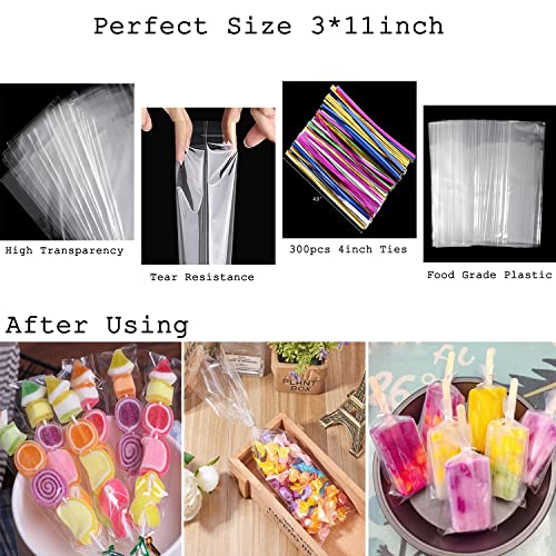Tecbeauty 300pcs 3 x 11 Cellophane Bags Pretzels Clear Treat Bags Long Cello Cookie Bags for Chocobananas, Candy Kabob, Clear Bags with Ties - color: 3x11 Inch