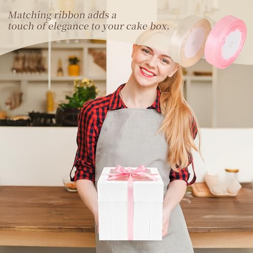 10 inch Tall Cardboard Cake Boxes with Lid, Ribbon, 12 Pcs