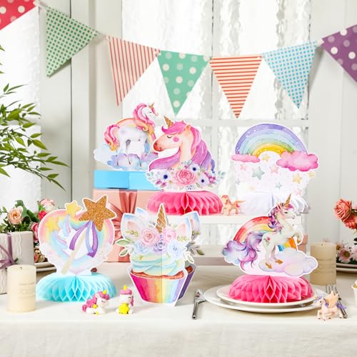 Pickmesh 12 Pcs Unicorn Birthday Party Supplies Unicorn Rainbow Honeycomb Centerpieces Cloud Cupcake Castle Table Topper Decorations for Girls Princess Birthday Baby Shower Party Decor - color: Rainbow, style: Unicorn