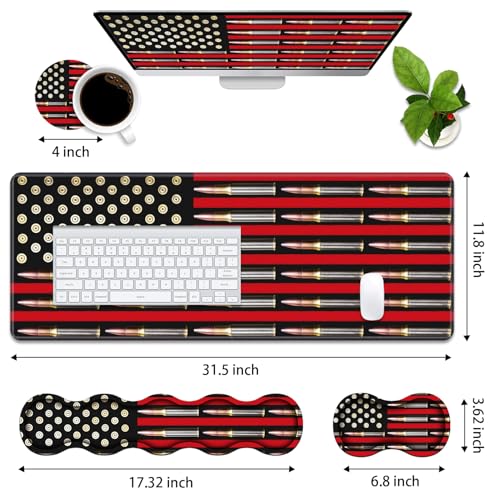 4 in 1 Ergonomic Memory Foam Mouse Pad Wrist Rest Set, Large XXL Gaming Desk Pad + Keyboard Wrist Rest + Mouse Wrist Cushion + Coaster for Home Office Study Gaming, American Flag & Bullets - color: American Flag & Bullets