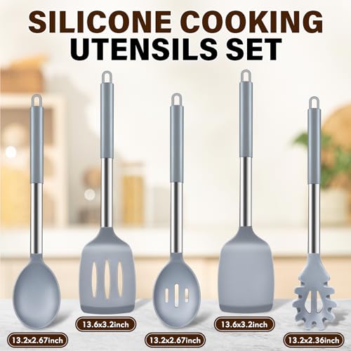 5Pcs Silicone Cooking Utensils Set, Heat Resistant Kitchen Tools Include Solid&Slotted Spatula, Cooking Spoon and Pasta Server, Silicone Kitchen Utensils set for Nonstick Cookware Flipping, Gray - color: Gray