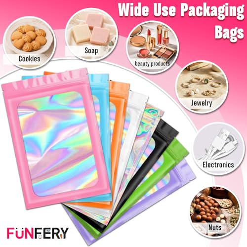 Funfery 300 Pack 3 Size Mylar Holographic Bags with Clear Window,Black - color: Black, size: 5.5x7.9+6.3x9.4+7x10 Inch