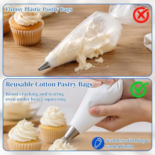 Cotton Piping Bags and Tips Set, 15Pcs Reusable Cake Decorating Kit