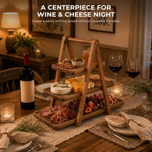Acacia Wood 3 Tier Foldable Serving Tray, Farmhouse Tiered Display Stand for Charcuterie, Cheese, Desserts & Snacks, Wooden Organizer for Kitchen Counter, Coffee Bar and Party Entertaining