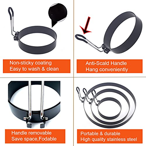Stainless Steel Egg Cooker Set - 8" Omelette Ring, 6" Pancake Ring, 4" Griddle Egg Ring - Non-stick, Upgrade Large 3 Packs Egg Cooking Rings with Oil Brush & Egg Separator - color: Black 3 pcs of 8" 6" 4“ with accessories