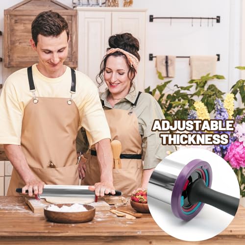 Adjustable Stainless Steel Rolling Pin with Thickness Rings 19 Inch - color: Silver