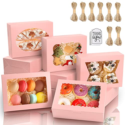KPOSIYA 65 PCS 8x6x2.5 Inch Cookie Boxes with Window Pink Bakery Boxes Pastry Boxes for Gift Giving, Treat, Dessert, Cupcakes, Chocolate, Strawberries, Donuts, Muffins (5 Style Windows) - color: Pink(pack of 65)