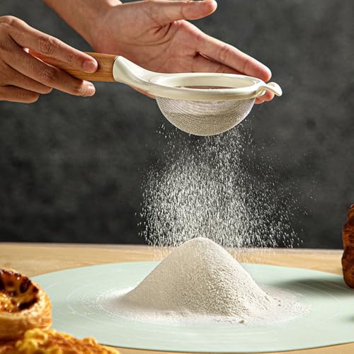 Steel Fine Mesh Food Strainer 10cm - Wooden Handle Flour Sieve for Sugar Flour Quinoa Corn Starch Juices Soy Milk, Kitchen Baking and Cooking
