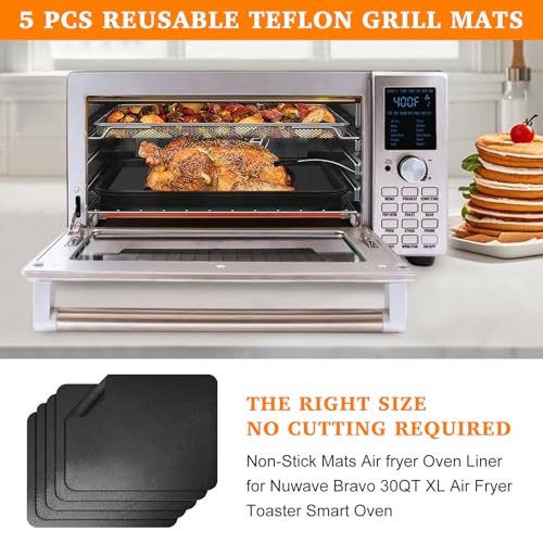 Air Fryer Liners Reusable Teflon Mats Compatible with Nuwave Bravo xl Air Fryer Toaster Smart Oven, Baking Sheet Liners AirFryer Accessories for Nuwave 12-in-1 30qt Oven, 5 Pcs, 9x13 inches