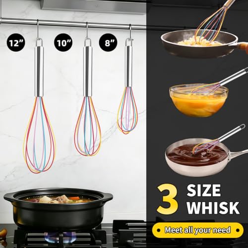 Silicone Whisk Set,Stainless Steel Handle Whisk 8" 10" 12" Rubber Whisks Cooking Non Scratch High Heat Resistant,Balloon Egg Beater for Whisking,Beating,Blending Ingredients,Mixing Sauces,Rainbow - color: Rainbow, size: 8" 10" 12"