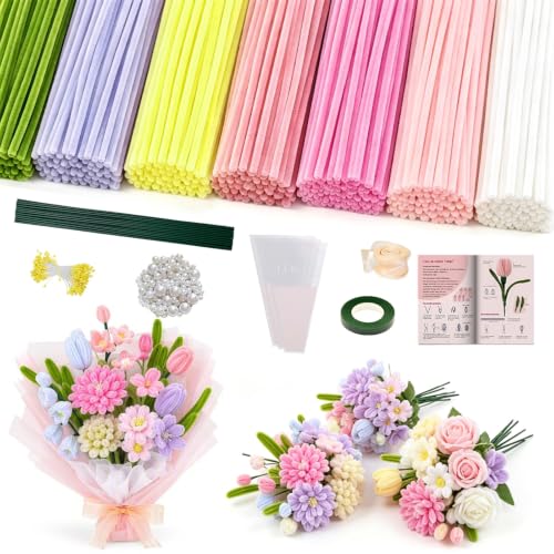 976PCS Pink Pipe Cleaner Flower Kit,7 Colors Soft Chenille Stems - color: Pink colour