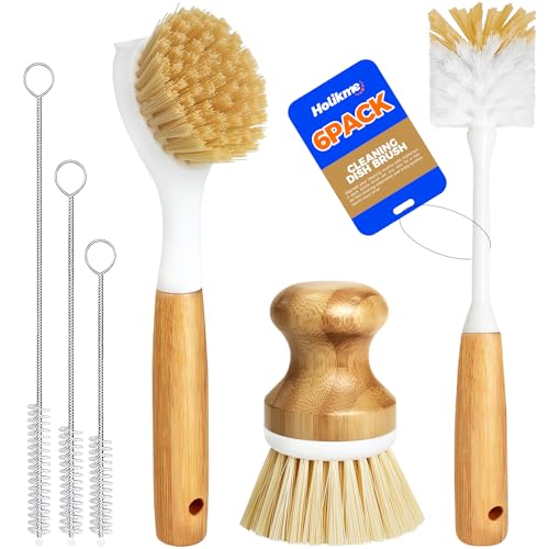 Holikme 6 Pack Dish Brush with Bottle Brush Scrub Brush Straw,Yellow - color: Yellow