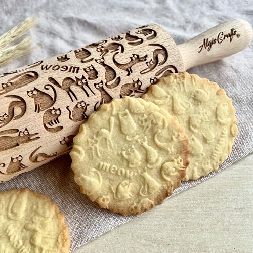 MEOW CATS EMBOSSING ROLLING PIN WOODEN HANDMADE ROLLING PIN with CATS GIFT FOR CAT LOVERS