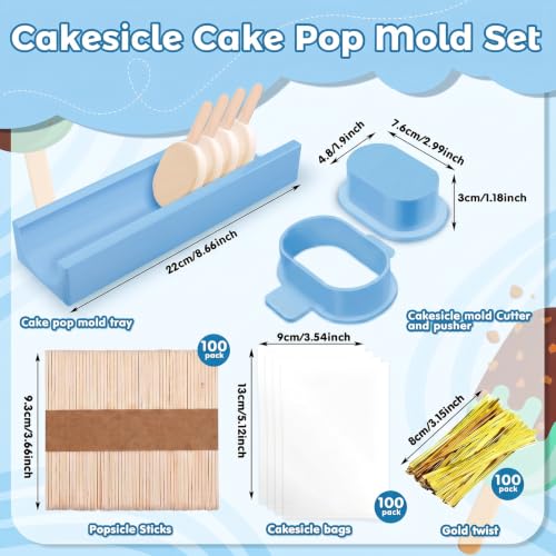 3 Inch Cakesicle Cutter and Cake Pop Mold Set with 8.7in Tray, 100 Wooden Sticks & 100 Bags, Silicone Cakesicle Mold for Homemade Cake Pops, Baking, Birthdays and Party Desserts (Sky Blue) - color: Sky Blue