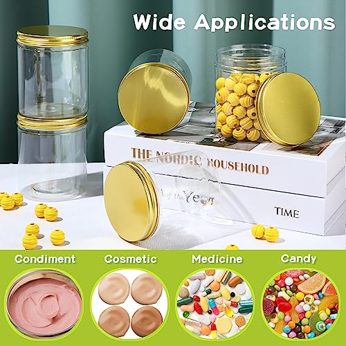 Irenare 24 Pcs 16oz Plastic Jars with Lids, Clear Wide Mouth Airtight Mason Jars Food Storage Containers for Cake, Dried Fruit, Honey, Nuts, Scrubs Cream, Kitchen & Craft(Golden Lids) - color: Golden