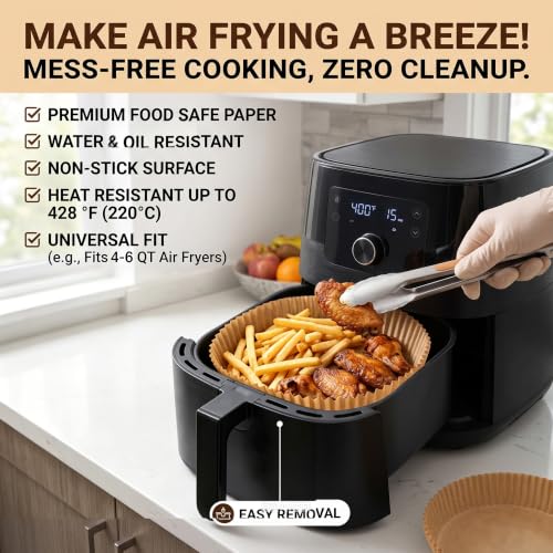 Air Fryer Liners Disposable Round. 50pcs Virgin Pulp Parchment Paper for 4qt-6qt Air Fryer. Food Grade,Non-stick, Oil-proof & Heat Resistant for Baking,Microwave,Cooking & Deep Fryer Accessories