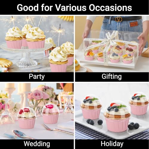 EUSOAR Cupcake Cups, 50pcs 3.5oz Aluminum Mini Cheesecakes Holders Disposable Ramekins, Muffin Liners with Lids Foil Wrappers Cupcake Containers Baking Cups for Birthday Wedding Party Festival - color: Pink/Gold, size: 50pcs
