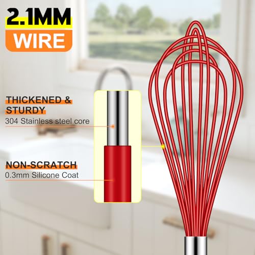 HOTEC 4Pcs Silicone Whisk Set, Wire Balloon Whisks for Cooking Egg Beater - color: Red,Silver
