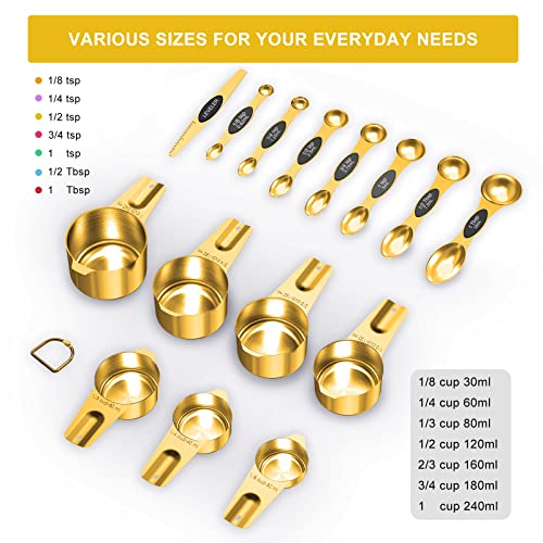 Gold Measuring Cups and Spoons Set of 15, 18/8 Stainless Steel, Includes 7 Nesting Metal Measuring Cups,8 Magnetic Measuring Spoons set - Ideal Kitchen Gadgets for Cooking and Baking Needs