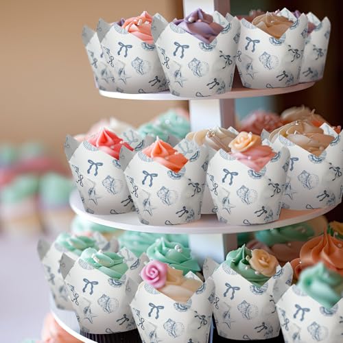 200 Pcs Blue Coastal Tulip Cupcake Liners, Ocean Shell Starfish
