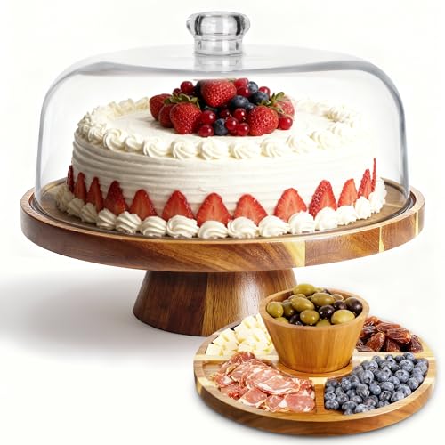 VALESKA Acacia Wood Cake Stand with Dome Lid, 2-in-1 Dessert Table Display Set & Charcuterie Board with 12In Acrylic Lid, Serving Platter, Fruit Platter, Cake Plate - color: Wood