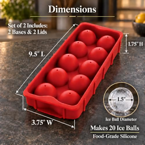 HIC Kitchen Cannonball Silicone Ice Cube Tray, Set Of 2, Large Spheres - size: 20 Large Ice Balls