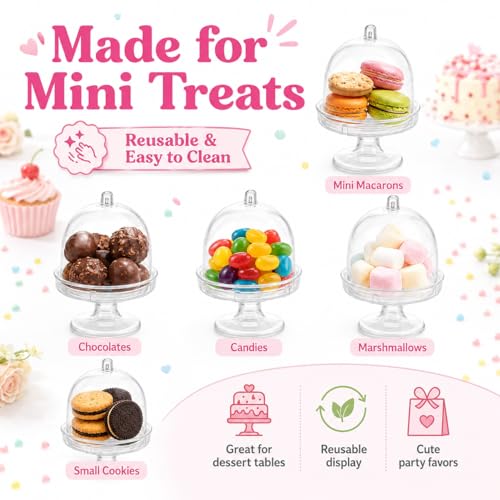 48Pcs Mini Cake Stand, 3.1 x 2.2 in Mini Cake Stand with Dome, Clear Small Cake Stand with Lid for Chocolate, Candy, Macarons, Wedding, Birthday, Party, Sliver