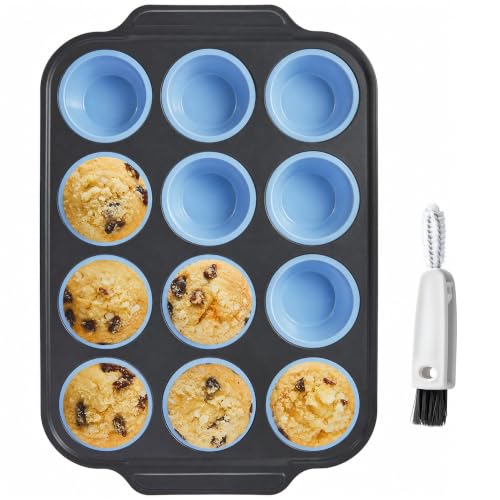 BRONYPRO Silicone Muffin Pans for Baking with Metal Frame, Egg Bite Molds, 12-Cup Regular Size Cupcake Pan, Easy-Release Nonstick Food-Grade Silicone, Cleaning Brush Included, Oven Safe, Blue - color: Blue, size: 12-Cup Standard