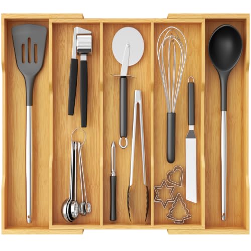 Lifewit Bamboo Kitchen Drawer Organizer, Cooking Utensil Silverware Tray - color: Natural, size: 5 Slot(12.6~22.8''W x 14'' D)