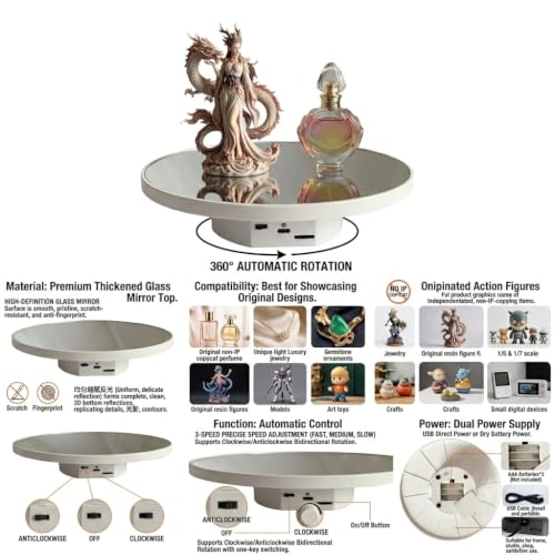JAYEGT Motorized Rotating Display Stand, 10inch /11Lbs Load ,Mirror Cover ，360 Degree Electric Rotating Turntable ,Cup Display Turner Stand,Photography Products, Jewelry ,Tumbler -White