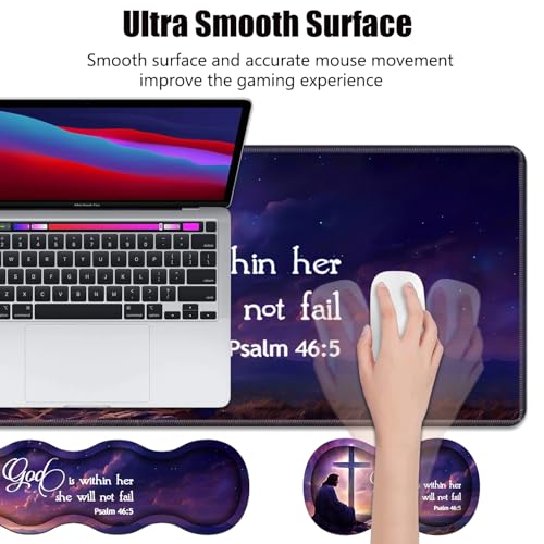 Ergonomic Memory Foam Mouse Pad Wrist Rest Set, Large Gaming Desk Pad + Keyboard Wrist Rest + Mouse Wrist Cushion + Coaster for Home Office Study Gaming, Christian Cross Quote Bible Verse Psalm 46:5 - color: Christian Cross Quote Bible Verse Psalm 46:5