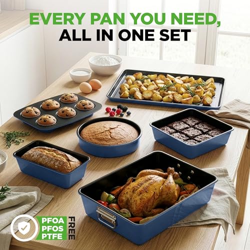 NutriChef 8-Piece Nonstick Stackable Bakeware Set - PFOA, PFOS, PTFE Free Baking Tray Set w/Non-Stick Coating, 450°F Oven Safe, Round Cake, Loaf, Muffin, Wide/Square Pans, Cookie Sheet (Blue) - color: Blue