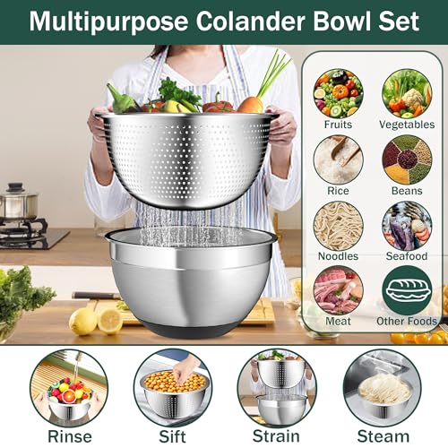 Mixing Bowls with Airtight Lids, Stainless Steel Mixing Bowl Set with 3 Nesting Kitchen Metal Bowls, Colander & Grater, Non-Slip Bottoms, Size 1.5, 2.5, 5 QT, Great for Mixing & Serving, Black - color: Black