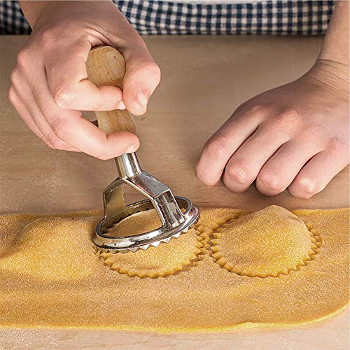 Ravioli Stamp Maker Cutter with Roller Wheel Set, Mold with Wooden Handle and Fluted Edge, Pasta Press Kitchen Attachment (MF-146) - size: 3 piece