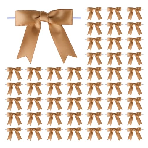 Meseey 50 Pcs 3 Inches Twist Tie Satin Ribbon Bows Latte Pretied Premade Craft Bows for Treat Bags Gift Wrapping Basket Wedding Baby Shower Brithday Christmas Party (3", Latte) - color: Latte