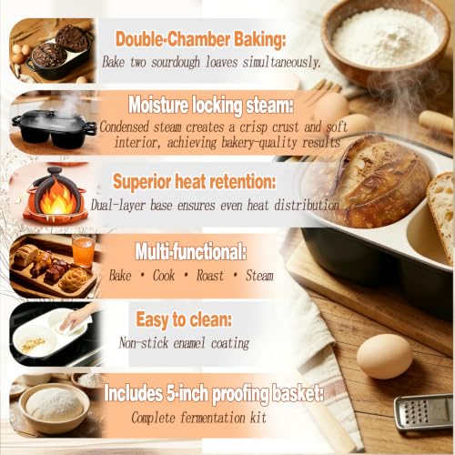 DIY Double Dutch Oven for Sourdough Bread Baking – Enamel Cast Iron Bread Baker with Lid, Bake Two Different Loaves at Once, 500°F Oven Safe, Includes 2×10" Banneton Proofing Baskets - color: Black