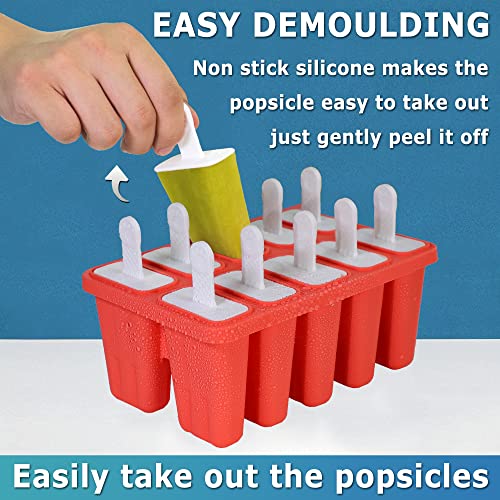 Silicone Popsicle Molds 10-cavity, DIY Ice Pop Mold for Kids Adult Teens, BPA Free Ice Cream Molds for Party Yogurt Juice Smoothies Sticks - color: Red-10 cavity
