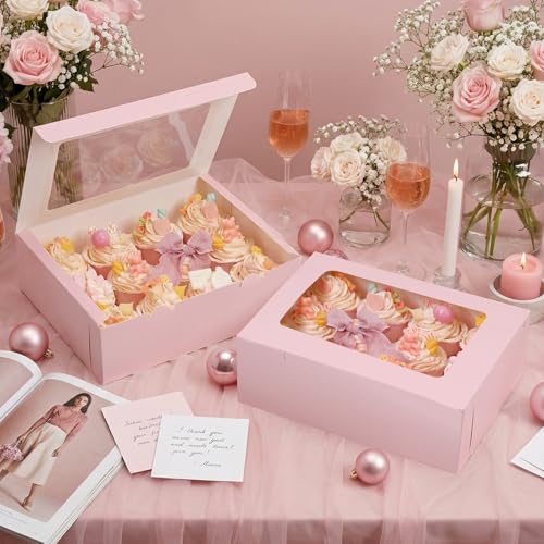 Moretoes 3PCS Pink Cupcake Boxes with Window(12 Count Cupcake Containers) - color: Pink