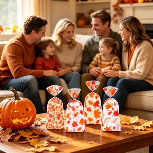 Fall Thanksgiving Cellophane Treat Bags - 50Pcs 5 x 11 Inch Autumn Pumpkin & Maple Leaf Candy Bags with 60 Gold Twist Ties, Plastic Goodie Bag for Cookies, Snacks, Gift Wrapping & Harvest Party Favors - color: Fall 50pcs