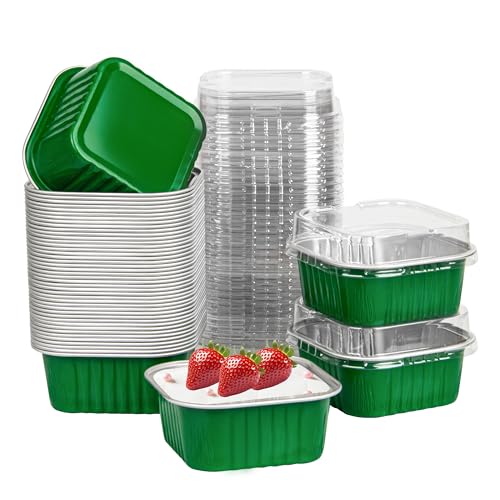 50 Pcs Mini Square Baking Cups with Lids,5oz Aluminum Foil Mini Cake Pans with Lids,Disposable Ramekins Cake Pans,150ml Dessert Cups Cupcake Pans for Wedding Birthday Party,Dark Green - color: Dark Green, size: 5oz