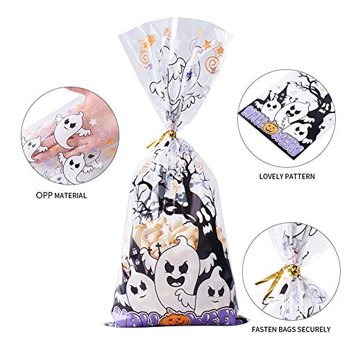 CCINEE Halloween Cellophane Treat Bags, 150pcs Halloween Plastic Clear Candy Bags with 300pcs Twists for Snacks Cookies Packing - color: Halloween-150pcs