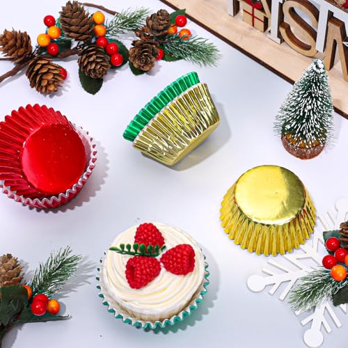 Whaline 150Pcs Christmas Foil Cupcake Liners Red Green Gold Foil Metallic Cupcake Wrappers Muffin Liners for Christmas Holiday Party Supplies Table Decor - color: Red Green Gold