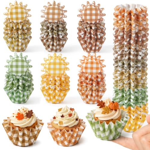 Fall Plaid Mini Size Cupcake Liners, Bulk Grease Resistant Baking Cups - color: Orange, Green