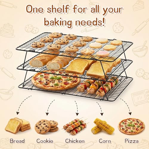 3-Tier Stackable Cooling Rack, 16.5 x 12 Inch Wire Racks, Detachable Cooling Racks with Legs, Carbon Steel Baking Rack, for Baking Cooking Grilling, Oven Safe