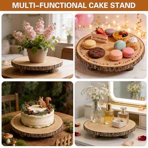 Wood Cake Stand with 4 Legs, 10-11 Inch Natural Rustic Wooden Cake Slice