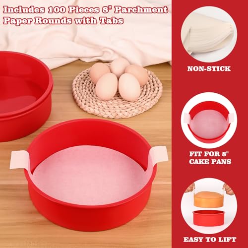 HUAKENER 8 Inch Round Cake Pan,3Pcs Silicone Cake Mold with Parchment Paper - size: 8 Inch