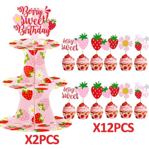 Berry Sweet Birthday Cupcake Stand Set, 12 Glitter Cupcake Toppers