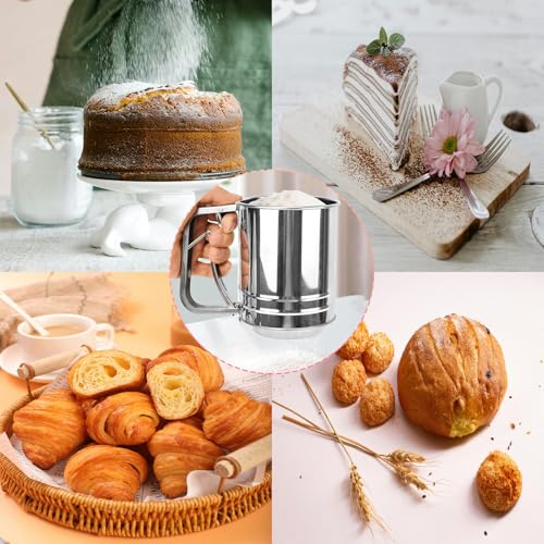 Flour Sifter, Stainless Steel 3 Cup Flour Sifters for Baking, 3 in1 Sifter for Baking with Powdered Sugar Shaker Duster and Flour for Baking Cakes, Pies, Pastries, Desserts and Cupcakes